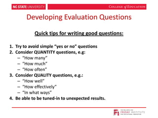 Developing Evaluation Questions
Quick tips for writing good questions:
1. Try to avoid simple “yes or no” questions
2. Consider QUANTITY questions, e.g:
– “How many”
– “How much”
– “How often”
3. Consider QUALITY questions, e.g.:
– “How well”
– “How effectively”
– “In what ways”
4. Be able to be tuned-in to unexpected results.
 