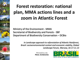 Forest restoration: national
plan, MMA actions lines and a
zoom in Atlantic Forest
Ministry of the Environment - MMA
Secretariat of Biodiversity and Forests - SBF
Department of Biodiversity Conservation – DCBio
In Landscape approach to reforestation of Atlantic Rainforest,
Brazil: socioenvironmental context and economic viability, Global
Landscape Forum, Warsaw, 16-17.11.13

 