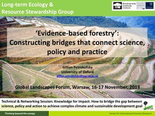 Long-term Ecology &
Resource Stewardship Group

‘Evidence-based forestry’:
Constructing bridges that connect science,
policy and practice
Gillian Petrokofsky
University of Oxford
gillian.petrokofsky@zoo.ox.ac.uk

Global Landscapes Forum, Warsaw, 16-17 November, 2013
Technical & Networking Session: Knowledge for impact: How to bridge the gap between
science, policy and action to achieve complex climate and sustainable development goal

 