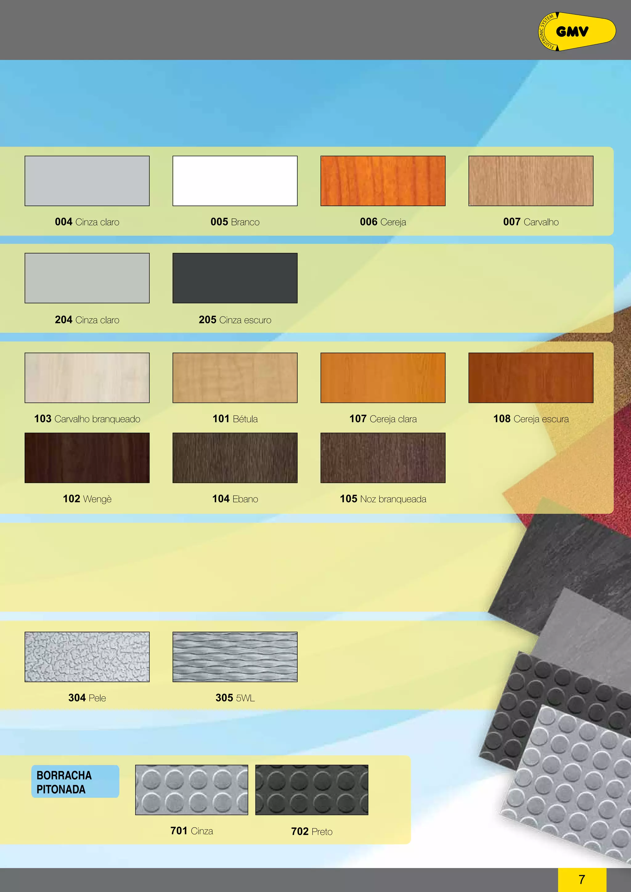 7 
004 Cinza claro 005 Branco 006 Cereja 007 Carvalho 
204 Cinza claro 205 Cinza escuro 
103 Carvalho branqueado 101 Bétula 107 Cereja clara 
102 Wengè 104 Ebano 105 Noz branqueada 
304 Pele 305 5WL 
701 Cinza 702 Preto 
Borracha 
pitonada 
108 Cereja escura 
 