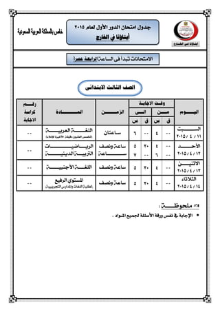 ‫الشاعة‬ ‫فى‬ ‫تبذأ‬ ‫االمتحانات‬
‫اخلارج‬ ‫يف‬ ‫أبناؤنا‬
‫الصف‬‫الثالث‬‫االبتدائى‬
‫الشـــــــبت‬
11/4/2015
‫سـاع‬‫تاى‬‫اللغـــ‬‫ـــ‬‫العربيــــــة‬ ‫ـة‬
‫األحـــــــذ‬
12/4/2015
‫ساعة‬‫ونصف‬
‫س‬‫ــــــــــ‬‫ـاعة‬
‫الريــــاضيـــــ‬‫ـــــــ‬‫ــات‬
‫الذيهيــ‬ ‫الرتبيـــة‬‫ــــ‬‫ــة‬
‫االثهيـــــو‬
13/4/2015
‫ساعة‬‫ونصف‬‫األجهبيــــــة‬ ‫اللغــــة‬
‫الجالثاء‬
14/4/2015
‫ساعة‬‫ونصف‬‫الرفيع‬ ‫املشتوي‬
)‫التحريبية‬ ‫واملذارض‬ ‫اللغات‬ ‫(لطلبة‬
‫ملحوظـــــة‬:
‫اإل‬‫يف‬ ‫جابة‬‫ـىاد‬‫ـ‬‫ـ‬‫ـ‬‫مل‬‫ا‬ ‫جلمًع‬ ‫األسئلة‬ ‫ورقة‬ ‫نفص‬.
 