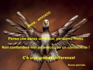 Penso che senza un amico, perdiamo molto Non confondere mai un amico con un conoscente ! Bene,  amica(o) C’è una grande differenza! Buona giornata.  