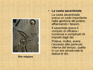 La casta sacerdotale La casta sacerdotale aveva un ruolo importante nella gestione del potere, affiancando i faraoni. Il sacerdote aveva il compito di officiare i numerosi e complicati riti imposti dagli dei. Poteva, inoltre, avere l’accesso alla parte più interna del tempio, quella in cui era conservata la statua di dio. Rito religioso 
