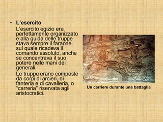 L’esercito L’esercito egizio era perfettamente organizzato e alla guida delle truppe stava sempre il faraone sul quale ricadeva il comando assoluto, anche se concentrava il suo potere nelle mani dei generali. Le truppe erano composte da corpi di arcieri, di fanteria e di cavalleria, o “carreria” riservata agli aristocratici. Un carriere durante una battaglia 