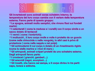 Gli invertebrati sono animali senza scheletro interno; la temperatura del loro corpo cambia con il variare della temperatura esterna. Fanno parte di questo gruppo: Le spugne, animali molto semplici, che vivono fissi sui fondali marini; I celenterati ( come le meduse e i coralli) con il corpo simile a un sacco dotato di tentacoli I vermi ( come i lombrichi); I molluschi , il loro corpo molle a volte è protetto da un guscio (come nelle chiocciole o nelle vongole), in altri casi è privo di protezione ( come nelle seppie e nei polpi) Gli echinodermi il cui corpo è dotato di un rivestimento rigido (come le stelle marine e i ricci di mare ) Gli artropodi, animali ovipari protetti da uno scheletro esterno. Degli artropodi fanno parte: I crostacei ( granchi, gamberi…) Gli aracnidi (ragni, scorpioni…) Gli insetti, che hanno sei zampe, e il corpo diviso in tre parti: capo, torace e addome. 