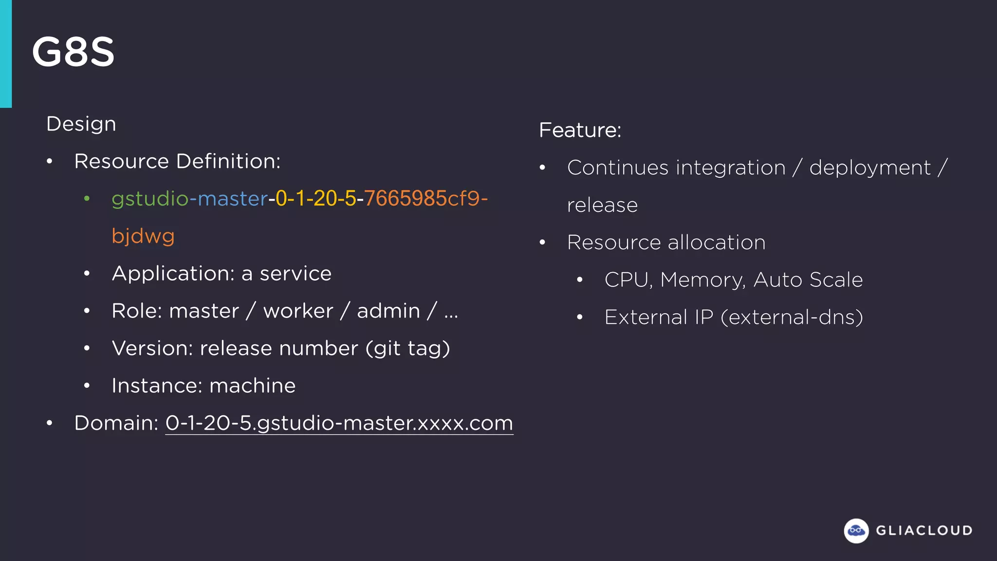 G8S
Design
• Resource Definition:
• gstudio-master-0-1-20-5-7665985cf9-
bjdwg
• Application: a service
• Role: master / worker / admin / …
• Version: release number (git tag)
• Instance: machine
• Domain: 0-1-20-5.gstudio-master.xxxx.com
Feature:
• Continues integration / deployment /
release
• Resource allocation
• CPU, Memory, Auto Scale
• External IP (external-dns)
 