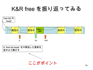 K&R free を振り返ってみる 使用中 使用中 使用中 free listの head 使用中 bp p next 9. free list head  を今開放した要素を 指すよう動かす 今開放した 要素 ここがポイント 