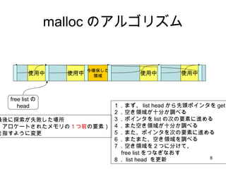 malloc のアルゴリズム 使用中 使用中 使用中 free listの head 使用中 １．まず、 list head から先頭ポインタを get ２．空き領域が十分か調べる ３．ポインタを list の次の要素に進める ４．また空き領域が十分か調べる ５．また、ポインタを次の要素に進める ６．またまた、空き領域を調べる ７．空き領域を２つに分けて、 free list をつなぎなおす ８． list head  を更新 今確保した 領域 最後に探索が失敗した場所 （アロケートされたメモリの １つ前 の要素） を指すように変更 