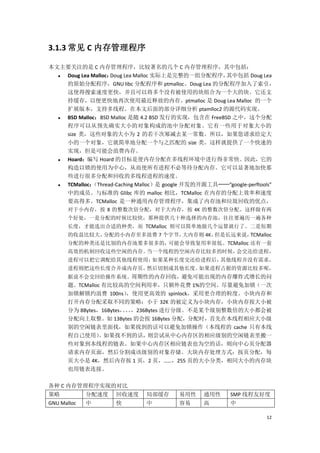 3.1.3 常见 C 内存管理程序

本文主要关注的是 C 内存管理程序，比较著名的几个 C 内存管理程序，其中包括：
   Doug Lea Malloc：Doug Lea Malloc 实际上是完整的一组分配程序，   其中包括 Doug Lea
    的原始分配程序，GNU libc 分配程序和 ptmalloc。Doug Lea 的分配程序加入了索引，
    这使得搜索速度更快，并且可以将多个没有被使用的块组合为一个大的块。它还支
    持缓存，以便更快地再次使用最近释放的内存。ptmalloc 是 Doug Lea Malloc 的一个
    扩展版本，支持多线程。在本文后面的部分详细分析 ptamlloc2 的源代码实现。
   BSD Malloc：BSD Malloc 是随 4.2 BSD 发行的实现，包含在 FreeBSD 之中，这个分配
    程序可以从预先确实大小的对象构成的池中分配对象。它有一些用于对象大小的
    size 类，这些对象的大小为 2 的若干次幂减去某一常数。所以，如果您请求给定大
    小的一个对象，它就简单地分配一个与之匹配的 size 类。这样就提供了一个快速的
    实现，但是可能会浪费内存。
   Hoard：编写 Hoard 的目标是使内存分配在多线程环境中进行得非常快。因此，它的
    构造以锁的使用为中心，从而使所有进程不必等待分配内存。它可以显著地加快那
    些进行很多分配和回收的多线程进程的速度。
   TCMalloc：（Thread-Caching Malloc）是 google 开发的开源工具──“google-perftools”
    中的成员。与标准的 Glibc 库的 malloc 相比，TCMalloc 在内存的分配上效率和速度
    要高得多。TCMalloc 是一种通用内存管理程序，集成了内存池和垃圾回收的优点，
       对于小内存，按 8 的整数次倍分配，对于大内存，按 4K 的整数次倍分配。这样做有两
       个好处，一是分配的时候比较快，那种提供几十种选择的内存池，往往要遍历一遍各种
       长度，才能选出合适的种类，而 TCMalloc 则可以简单地做几个运算就行了。二是短期
       的收益比较大，分配的小内存至多浪费 7 个字节，大内存则 4K。但是长远来说，TCMalloc
       分配的种类还是比别的内存池要多很多的，可能会导致复用率很低。TCMalloc 还有一套
       高效的机制回收这些空闲的内存。当一个线程的空闲内存比较多的时候，会交还给进程，
       进程可以把它调配给其他线程使用；如果某种长度交还给进程后，其他线程并没有需求，
       进程则把这些长度合并成内存页，然后切割成其他长度。如果进程占据的资源比较多呢，
       据说不会交回给操作系统。周期性的内存回收，避免可能出现的内存爆炸式增长的问
       题。TCMalloc 有比较高的空间利用率，只额外花费 1%的空间。尽量避免加锁（一次
       加锁解锁约浪费 100ns）     ，使用更高效的 spinlock，采用更合理的粒度。小块内存和
       打开内存分配采取不同的策略：小于 32K 的被定义为小块内存，小块内存按大小被
       分为 8Bytes，16Bytes，。，236Bytes 进行分级。不是某个级别整数倍的大小都会被
                         。。
       分配向上取整。如 13Bytes 的会按 16Bytes 分配，分配时，首先在本线程相应大小级
       别的空闲链表里面找，如果找到的话可以避免加锁操作（本线程的 cache 只有本线
       程自己使用）    。如果找不到的话，则尝试从中心内存区的相应级别的空闲链表里搬一
       些对象到本线程的链表。如果中心内存区相应链表也为空的话，则向中心页分配器
       请求内存页面，然后分割成该级别的对象存储。大块内存处理方式：按页分配，每
       页大小是 4K，然后内存按 1 页，2 页，……，255 页的大小分类，相同大小的内存块
       也用链表连接。

各种 C 内存管理程序实现的对比
策略           分配速度    回收速度      局部缓存      易用性     通用性     SMP 线程友好度
GNU Malloc   中       快         中         容易      高       中

                                                                     12
 