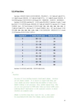 5.2.4 Fast bins

     Fast bins 主要是用于提高小内存的分配效率，默认情况下，对于 SIZE_SZ 为 4B 的平台，
小于 64B 的 chunk 分配请求，对于 SIZE_SZ 为 8B 的平台，小于 128B 的 chunk 分配请求，首
先会查找 fast bins 中是否有所需大小的 chunk 存在（精确匹配）              ，如果存在，就直接返回。
     Fast bins 可以看着是 small bins 的一小部分 cache， 默认情况下， bins 只 cache 了 small
                                                      fast
bins 的前 7 个大小的空闲 chunk，      也就是说，  对于 SIZE_SZ 为 4B 的平台， bins 有 7 个 chunk
                                                          fast
空闲链表（bin）       ，每个 bin 的 chunk 大小依次为 16B，24B，32B，40B，48B，56B，64B；对
于 SIZE_SZ 为 8B 的平台，fast bins 有 7 个 chunk 空闲链表（bin）   ，每个 bin 的 chunk 大小依
次为 32B，48B，64B，80B，96B，112B，128B。以 32 为系统为例，分配的内存大小与 chunk
大小和 fast bins 的对应关系如下表所示：




   Fast bins 可以看着是 LIFO 的栈，使用单向链表实现。

/*
  Fastbins

    An array of lists holding recently freed small chunks. Fastbins
    are not doubly linked. It is faster to single-link them, and
    since chunks are never removed from the middles of these lists,
    double linking is not necessary. Also, unlike regular bins, they
    are not even processed in FIFO order (they use faster LIFO) since
    ordering doesn't much matter in the transient contexts in which
    fastbins are normally used.

    Chunks in fastbins keep their inuse bit set, so they cannot
    be consolidated with other free chunks. malloc_consolidate

                                                                        42
 