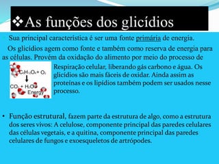 As funções dos glicídios
 Sua principal característica é ser uma fonte primária de energia.
Os glicídios agem como fonte e também como reserva de energia para
as células. Provém da oxidação do alimento por meio do processo de
• Função estrutural, fazem parte da estrutura de algo, como a estrutura
dos seres vivos: A celulose, componente principal das paredes celulares
das células vegetais, e a quitina, componente principal das paredes
celulares de fungos e exoesqueletos de artrópodes.
Respiração celular, liberando gás carbono e água. Os
glicídios são mais fáceis de oxidar. Ainda assim as
proteínas e os lipídios também podem ser usados nesse
processo.
 
