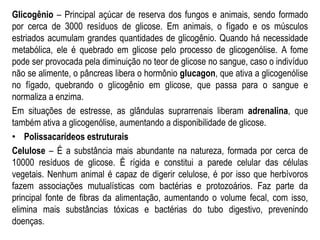 Glicogênio – Principal açúcar de reserva dos fungos e animais, sendo formado
por cerca de 3000 resíduos de glicose. Em animais, o fígado e os músculos
estriados acumulam grandes quantidades de glicogênio. Quando há necessidade
metabólica, ele é quebrado em glicose pelo processo de glicogenólise. A fome
pode ser provocada pela diminuição no teor de glicose no sangue, caso o indivíduo
não se alimente, o pâncreas libera o hormônio glucagon, que ativa a glicogenólise
no fígado, quebrando o glicogênio em glicose, que passa para o sangue e
normaliza a enzima.
Em situações de estresse, as glândulas suprarrenais liberam adrenalina, que
também ativa a glicogenólise, aumentando a disponibilidade de glicose.
• Polissacarídeos estruturais
Celulose – É a substância mais abundante na natureza, formada por cerca de
10000 resíduos de glicose. É rígida e constitui a parede celular das células
vegetais. Nenhum animal é capaz de digerir celulose, é por isso que herbívoros
fazem associações mutualísticas com bactérias e protozoários. Faz parte da
principal fonte de fibras da alimentação, aumentando o volume fecal, com isso,
elimina mais substâncias tóxicas e bactérias do tubo digestivo, prevenindo
doenças.
 