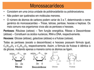Monossacarídeos
• Consistem em uma única unidade de poliidroxialdeído ou poliidroxicetona.
• Não podem ser quebrados em moléculas menores.
• O número de átomos de carbono podem variar de 3 a 7, determinando o nome
genérico do monossacarídeo – Triose, tetrose, pentose, hexose e heptose. Os
mais comuns nos organismos vivos são as pentoses e hexoses.
Pentoses: Ribulose (cetose) – Tem função energética, Ribose e Desoxirribose
(aldose) – Constituem os ácidos nucleicos, RNA e DNA, respectivamente.
Hexoses: Glicose (aldose), galactose (aldose) e a frutose (cetose).
Todas as pentoses (exceto a desoxirribose) e hexoses possuem fórmula igual,
C5H10O5 e C6H12O6 respectivamente. Assim, a fórmula da frutose é idêntica à
da glicose, mudando apenas a maneira como os átomos se ligam.
 