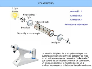 POLARÍMETRO
Animación e información
Animación 1
La rotación del plano de la luz polarizada por una
sustancia ópticamente activa se detecta y se mide
en un instrumento que se denomina “polarímetro”,
que consta de: una fuente luminosa, un polarizador,
un tubo para contener la muestra que se va a
analizar y un segundo polarizador llamado analizador.
Animación 3
Animación 2
 