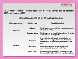 GLICÍDIOS
                                                                     GLICÍDIOS



⇒ Os monossacarídeos mais freqüentes nos organismos são as pentoses
(5C) e as hexoses (6C):

                 MONOSSACARÍDEOS DE IMPORTÂNCIA BIOLÓGICA

    Monossacarídeo      Carboidrato                  Papel biológico

                          Ribose       Matéria-prima necessária à produção de ácido
                                       ribonucléico (RNA).
        Pentose
                       Desoxirribose   Matéria-prima necessária à produção de ácido
                                       desoxirribonucléico (DNA).

                                       É a molécula mais usada pelas células na
                                       obtenção de energia. Fabricada através da
                          Glicose      fotossíntese, é abundante em vegetais e no
                                       mel.
        Hexose
                          Frutose      Desempenha papel fundamentalmente
                                       energético, é encontrada em frutos.

                         Galactose     Um dos monossacarídeos componentes da
                                       lactose do leite; também tem papel energético.
 
