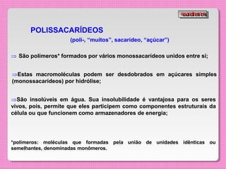 POLISSACARÍDEOS
*polímeros: moléculas que formadas pela união de unidades idênticas ou
semelhantes, denominadas monômeros.
(poli-, “muitos”, sacarídeo, “açúcar”)
 São polímeros* formados por vários monossacarídeos unidos entre si;
Estas macromoléculas podem ser desdobrados em açúcares simples
(monossacarídeos) por hidrólise;
São insolúveis em água. Sua insolubilidade é vantajosa para os seres
vivos, pois, permite que eles participem como componentes estruturais da
célula ou que funcionem como armazenadores de energia;
G
G
L
L
I
I
C
C
Í
Í
D
D
I
I
O
O
S
S
 
