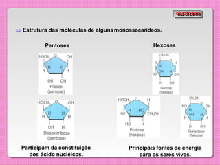 Pentoses Hexoses
Participam da constituição
dos ácido nucléicos.
Principais fontes de energia
para os seres vivos.
 Estrutura das moléculas de algunsmonossacarídeos.
G
G
L
L
I
I
C
C
Í
Í
D
D
I
I
O
O
S
S
 