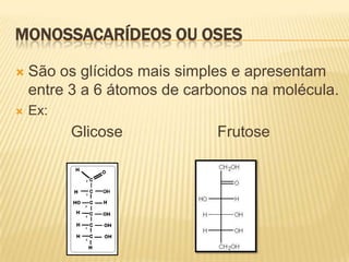 Monossacarídeos ou osesSão os glícidos mais simples e apresentam entre 3 a 6 átomos de carbonos na molécula.Ex:             Glicose                      Frutose