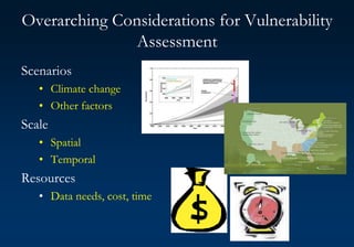 Overarching Considerations for Vulnerability
Assessment
Scenarios
• Climate change
• Other factors
Scale
• Spatial
• Temporal
Resources
• Data needs, cost, time
 