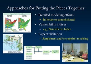 Approaches for Putting the Pieces Together
• Detailed modeling efforts
– In-house or commissioned
• Vulnerability indices
– e.g., NatureServe Index
• Expert elicitation
– Supplement and/or supplant modeling
 