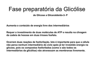 Fase preparatória da Glicólise
de Glicose a Gliceraldeído-3- P
Aumenta o conteúdo de energia livre dos intermediários
Requer o investimento de duas moléculas de ATP e resulta na clivagem
da cadeia de hexose em duas trioses fosfato.
Ocorrem duas reações de fosforilação. Isto é importante para que a célula
não perca nenhum intermediário do ciclo após já ter investido energia na
glicose, pois os compostos fosforilados (como o são todos os
intermediários da glicólise) não atravessam as membranas livremente.
 