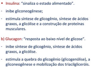 Insulina : “sinaliza o estado alimentado”. inibe gliconeogênese; estimula síntese de glicogênio, síntese de ácidos graxos, a glicólise e a construção de proteínas musculares. b) Glucagon : “resposta ao baixo nível de glicose”. inibe síntese de glicogênio, síntese de ácidos graxos, a glicólise. estimula a quebra do glicogênio (glicogenólise), a gliconeogênese e mobilização dos triacilgliceróis. 