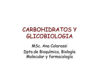 CARBOHIDRATOS Y
 GLICOBIOLOGIA
    MSc. Ana Colarossi
Dpto.de Bioquímica, Biología
 Molecular y farmacología
 