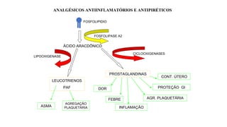 ANALGÉSICOS ANTIINFLAMATÓRIOS E ANTIPIRÉTICOS
FOSFOLIPIDIO
FOSFOLIPASE A2
ÁCIDO ARACDÔNICO
LIPOOXIGENASE
CICLOOXIGENASES
LEUCOTRIENOS
PAF
PROSTAGLANDINAS
ASMA
AGREGAÇÃO
PLAQUETÁRIA
DOR
FEBRE
INFLAMAÇÃO
AGR. PLAQUETÁRIA
PROTEÇÃO GI
CONT. ÚTERO
 