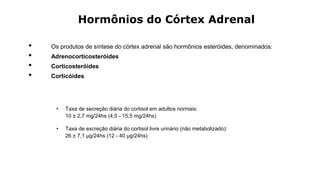 Hormônios do Córtex Adrenal
• Os produtos de síntese do córtex adrenal são hormônios esteróides, denominados:
• Adrenocorticosteróides
• Corticosteróides
• Corticóides
• Taxa de secreção diária do cortisol em adultos normais:
10  2,7 mg/24hs (4,5 - 15,5 mg/24hs)
• Taxa de excreção diária do cortisol livre urinário (não metabolizado):
26  7,1 μg/24hs (12 - 40 μg/24hs)
 