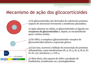Vanessa Cunha

Mecanismo de ação dos glicocorticoides
1) Os glicocorticoides são derivados do colesterol; portanto,
capazes de atravessar livremente a membrana plasmática.
2) Após adentrar na célula, os glicocorticoides se ligarão aos
receptores de glicocorticoides e, depois, se encaminharão
para o núcleo celular.
3) No DNA, o complexo (glicocorticoide+receptor de
glicocorticoide) afetará a expressão gênica.
4) Com isso, ocorrerá a inibição da transcrição de proteínas
inflamatórias, como interleucinas (IL-2, IL-3, IL-4, IL-6, IL8 e IL-12), interferon γ e TGF-α.
5) Além disso, são capazes de inibir a produção de
bradicinina, tromboxano a2 e prostaglandinas.

 
