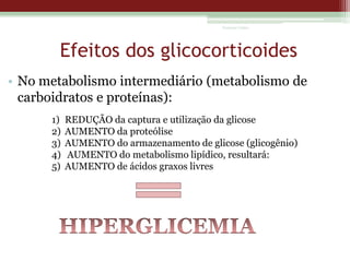 Vanessa Cunha

Efeitos dos glicocorticoides
• No metabolismo intermediário (metabolismo de
carboidratos e proteínas):
1)
2)
3)
4)
5)

REDUÇÃO da captura e utilização da glicose
AUMENTO da proteólise
AUMENTO do armazenamento de glicose (glicogênio)
AUMENTO do metabolismo lipídico, resultará:
AUMENTO de ácidos graxos livres

 