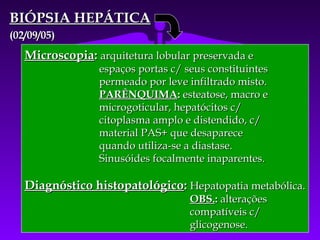 BIÓPSIA HEPÁTICA
(02/09/05)
   Microscopia: arquitetura lobular preservada e
                 espaços portas c/ seus constituintes
                 permeado por leve infiltrado misto.
                 PARÊNQUIMA: esteatose, macro e
                 microgoticular, hepatócitos c/
                 citoplasma amplo e distendido, c/
                 material PAS+ que desaparece
                 quando utiliza-se a diastase.
                 Sinusóides focalmente inaparentes.

   Diagnóstico histopatológico: Hepatopatia metabólica.
                                    OBS.: alterações
                                    compatíveis c/
                                    glicogenose.
 