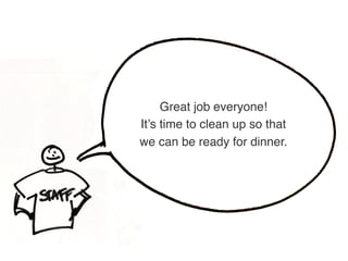 Great job everyone!  
It’s time to clean up so that  
we can be ready for dinner.
 