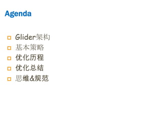 Agenda

   Glider架构
   基本策略
   优化历程
   优化总结
   思维&规范
 