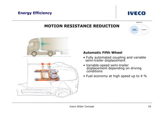 Energy Efficiency


             MOTION RESISTANCE REDUCTION




                                 Automatic Fifth Wheel
                                 • Fully automated coupling and variable
                                  semi-trailer displacement
                                 • Variable-speed semi-trailer
                                   displacement depending on driving
                                   conditions
                                 • Fuel economy at high speed up to 4 %




                      Iveco Glider Concept                                 16
 