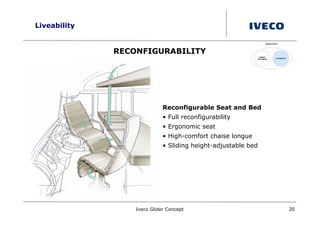 Liveability


              RECONFIGURABILITY




                             Reconfigurable Seat and Bed
                             • Full reconfigurability
                             • Ergonomic seat
                             • High-comfort chaise longue
                             • Sliding height-adjustable bed




                  Iveco Glider Concept                         20
 