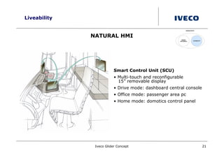 Liveability


              NATURAL HMI




                          Smart Control Unit (SCU)
                          • Multi-touch and reconfigurable
                            15” removable display
                          • Drive mode: dashboard central console
                          • Office mode: passenger area pc
                          • Home mode: domotics control panel




               Iveco Glider Concept                                 21
 