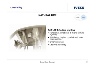 Liveability


              NATURAL HMI




                         Full-LED Interiors Lighting
                         • Functional, emotional & micro-climate
                           lighting
                         • Well-being, higher comfort and safer
                           night driving
                         • Chromotherapy
                         • Lifetime durability




               Iveco Glider Concept                                24
 