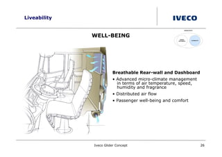 Liveability


              WELL-BEING




                        Breathable Rear-wall and Dashboard
                        • Advanced micro-climate management
                          in terms of air temperature, speed,
                          humidity and fragrance
                        • Distributed air flow
                        • Passenger well-being and comfort




              Iveco Glider Concept                              26
 