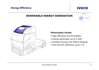 Energy Efficiency


            RENEWABLE ENERGY GENERATION




                                Photovoltaic Panels
                                • High efficiency and formability
                                • Energy generation up to 2 kWh
                                • Auxiliary Energy Unit (AEU) charging
                                • Fuel and CO2 efficiency up to 1 %




                     Iveco Glider Concept                                7
 