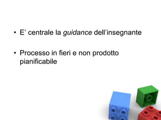 • E’ centrale la guidance dell’insegnante
• Processo in fieri e non prodotto
pianificabile
 