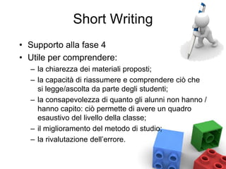 Short Writing
• Supporto alla fase 4
• Utile per comprendere:
– la chiarezza dei materiali proposti;
– la capacità di riassumere e comprendere ciò che
si legge/ascolta da parte degli studenti;
– la consapevolezza di quanto gli alunni non hanno /
hanno capito: ciò permette di avere un quadro
esaustivo del livello della classe;
– il miglioramento del metodo di studio;
– la rivalutazione dell’errore.
 