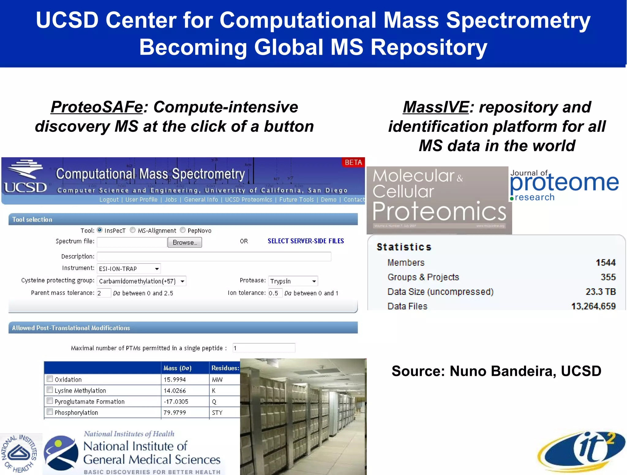 UCSD Center for Computational Mass Spectrometry
       Becoming Global MS Repository

  ProteoSAFe: Compute-intensive           MassIVE: repository and
discovery MS at the click of a button   identification platform for all
                                            MS data in the world




                                        Source: Nuno Bandeira, UCSD
 