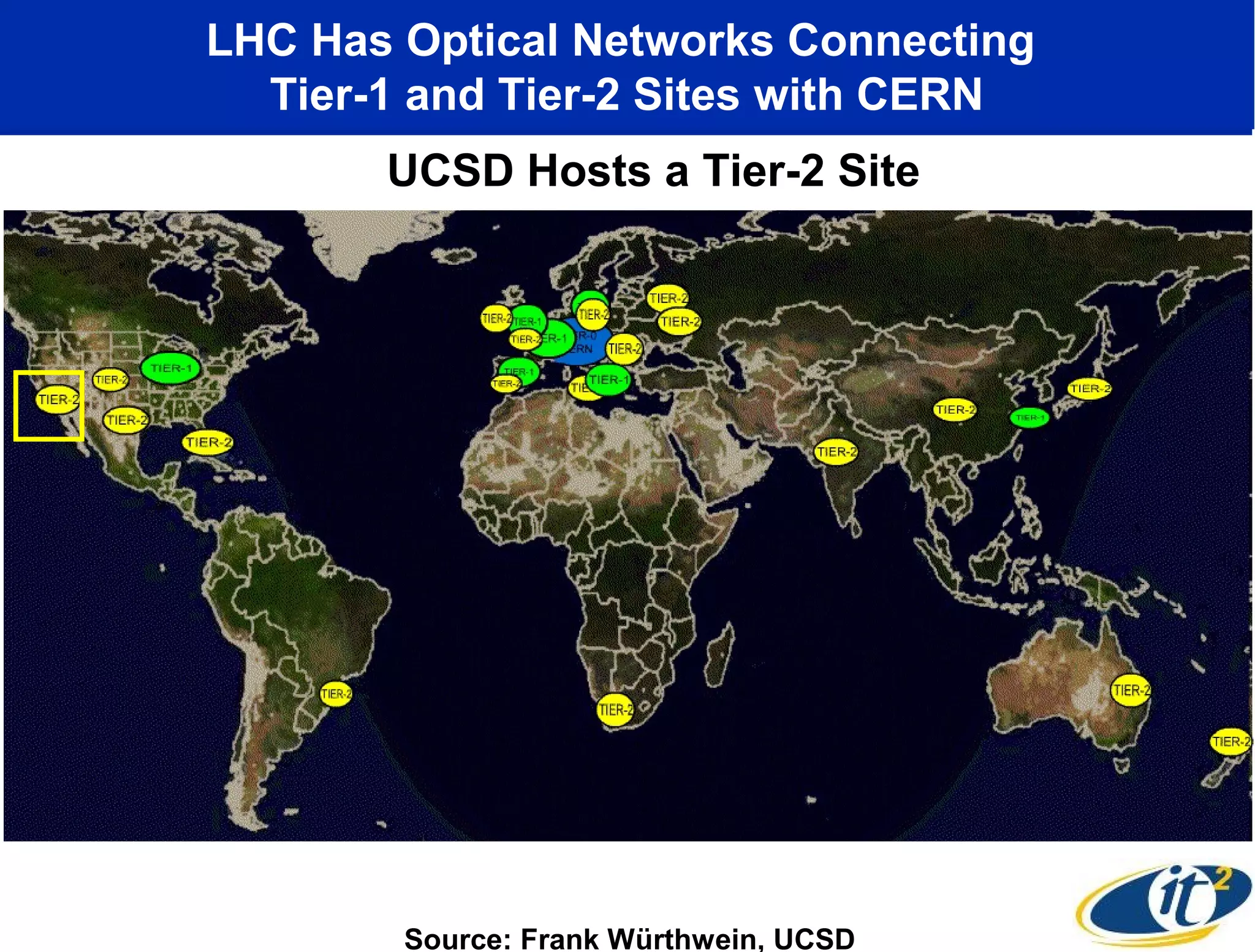 LHC Has Optical Networks Connecting
  Tier-1 and Tier-2 Sites with CERN
       UCSD Hosts a Tier-2 Site




        Source: Frank Würthwein, UCSD
 