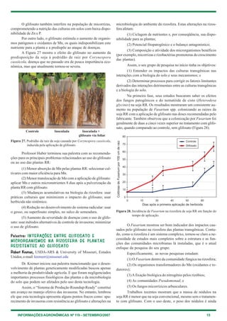 INFORMAÇÕESAGRONÔMICAS Nº 119 – SETEMBRO/2007 15
O glifosato também interfere na população de micorrizas,
comprometendo a nutrição das culturas em solos com baixa dispo-
nibilidade de Zn e P.
Por outro lado, o glifosato estimula o aumento de organis-
mos patógenos e oxidantes de Mn, os quais indisponibilizam este
nutriente para a planta e a predispõe ao ataque de doenças.
A Figura 27 mostra o efeito do glifosato no aumento da
predisposição da soja à podridão de raiz por Corynespora
cassiicola, doença que no passado era de pouca importância eco-
nômica, mas que atualmente tornou-se severa.
microbiologia do ambiente da rizosfera. Estas alterações na rizos-
fera afetam:
(1) Ciclagem de nutrientes e, por conseqüência, sua dispo-
nibilidade para as plantas;
(2) Potencial fitopatogênico e o balanço antagonístico;
(3) Composição e atividade dos microrganismos benéficos
(por exemplo, micorrizas e rizobactérias promotoras do crescimento
das plantas).
Assim, o seu grupo de pesquisa no início tinha os objetivos:
(1) Entender os impactos das culturas transgênicas nas
interações com a biologia do solo e seus mecanismos; e
(2) Determinar processos para corrigir os fatores limitantes
derivados das interações detrimentais entre as culturas transgênicas
e a biologia do solo.
Na primeira fase, seus estudos buscaram saber os efeitos
dos fungos patogênicos e do nematóide de cisto (Heterodera
glycines) na soja RR. Os resultados mostraram um consistente au-
mento na população de Fusarium spp. colonizando as raízes da
soja RR com a aplicação de glifosato nas doses recomendadas pelo
fabricante. Também observou que a colonização por Fusarium foi
geralmente de duas a cinco vezes superior no tratamento com glifo-
sato, quando comparado ao controle, sem glifosato (Figura 28).
Professor Huber terminou sua palestra com as recomenda-
ções para os principais problemas relacionados ao uso do glifosato
ou ao uso das plantas RR:
(1) Menor absorção de Mn pelas plantas RR: selecionar cul-
tivares com maior eficiência para Mn.
(2) Menor translocação de Mn com a aplicação de glifosato:
aplicar Mn e outros micronutrientes 8 dias após a pulverização da
planta RR com glifosato.
(3) Mudanças acumulativas na biologia da rizosfera: usar
práticas culturais que minimizem o impacto do glifosato; usar
herbicida não sistêmico.
(4) Redução no desenvolvimento do sistema radicular: usar
o gesso, ou superfosato simples, no sulco de semeadura.
(5) Aumento da severidade de doenças com o uso de glifo-
sato: usar métodos alternativos de controle de invasoras; minimizar
o uso de glifosato.
Palestra:Palestra:Palestra:Palestra:Palestra: INTERAÇÕES ENTRE GLIFOSATO EINTERAÇÕES ENTRE GLIFOSATO EINTERAÇÕES ENTRE GLIFOSATO EINTERAÇÕES ENTRE GLIFOSATO EINTERAÇÕES ENTRE GLIFOSATO E
MICRORGANISMOS NA RIZOSFERA DE PLANTASMICRORGANISMOS NA RIZOSFERA DE PLANTASMICRORGANISMOS NA RIZOSFERA DE PLANTASMICRORGANISMOS NA RIZOSFERA DE PLANTASMICRORGANISMOS NA RIZOSFERA DE PLANTAS
RESISTENTES AO GLIFOSATORESISTENTES AO GLIFOSATORESISTENTES AO GLIFOSATORESISTENTES AO GLIFOSATORESISTENTES AO GLIFOSATO
Robert Kremer,Robert Kremer,Robert Kremer,Robert Kremer,Robert Kremer, USDA-ARS & University of Missouri, Estados
Unidos, e-mail: kremerr@missouri.edu
Dr. Kremer iniciou sua palestra mencionando que o desen-
volvimento de plantas geneticamente modificadas buscou apenas
a melhoria da produtividade agrícola. E que foram negligenciados
importantes processos fisiológicos das plantas e da microbiologia
do solo que podem ser afetados pelo uso desta tecnologia.
Assim, o “Sistema de Produção Roundup-Ready” constitui
um avanço no manejo efetivo das invasoras. No entanto, lembrou
ele que esta tecnologia apresenta alguns pontos fracos como: apa-
recimento de invasoras com resistência ao glifosato e alterações na
O Fusarium mostrou ser bom indicador dos impactos cau-
sados pelo glifosato na rizosfera das plantas transgênicas. Contu-
do, como a rizosfera é um sistema complexo, tornou-se claro a ne-
cessidade de estudos mais completos sobre a estrutura e as fun-
ções das comunidades microbianas lá instaladas, que é o atual
enfoque da pesquisa do seu grupo.
Especificamente, as novas pesquisas estudam:
(1) O Fusarium dentro da comunidade fúngica na rizosfera;
(2) Os organismos transformadores do Mn (oxidantes e re-
dutores);
(3)Afixação biológica do nitrogênio pelos rizóbios;
(4) As comunidades Pseudomonad; e
(5) Os fungos micorrízicos arbusculares.
Trabalhos recentes mostram que a massa de nódulos na
soja RR é menor que na soja convencional, mesmo sem o tratamen-
to com glifosato. Com o uso deste, o peso dos nódulos é ainda
Figura 28. Incidência de Fusarium na rizosfera de soja RR em função do
tempo de aplicação.
Figura 27. Podridão da raiz da soja causada por Corynespora cassiicola,
induzida pela aplicação de glifosato.
Controle Inoculada Inoculada +
glifosato via foliar
 
