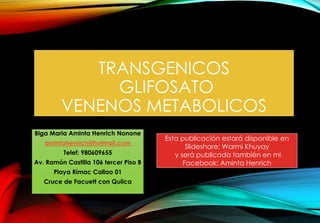 TRANSGENICOS 
GLIFOSATO 
VENENOS METABOLICOS 
Blga Maria Aminta Henrich Nonone 
amintahenrich@hotmail.com 
Telef: 980609655 
Av. Ramón Castilla 106 tercer Piso B 
Playa Rímac Callao 01 
Cruce de Facuett con Quilca 
Esta publicación estará disponible en 
Slideshare: Warmi Khuyay 
y será publicada también en mi 
Facebook: Aminta Henrich 
 