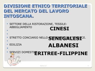 DIVISIONE ETNICO TERRITORIALE DEL MERCATO DEL LAVORO INTOSCANA. SETTORE DELLA RISTORAZIONE, TESSILE-ABBIGLIAMENTO STRETTO CONCIARIO NELLO STRETTO DI SANTA CROCE. EDILIZIA SERVIZI DOMESTICI C:\Program Files\Microsoft Office\MEDIA\CAGCAT10\j0291984.wmf 06/01/2012 CINESI SENEGALESI   ALBANESI ERITREE-FILIPPINE 