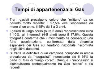 Tempi di appartenenza ai Gas
 Tra i gasisti prevalgono coloro che “militano” da un
  periodo molto recente: il 27,5% vive l’esperienza da
  meno di un anno, il 45% da 1 a 3 anni.
 I gasisti di lungo corso (oltre 6 anni) rappresentano circa
  il 10%, gli intermedi (4-5 anni) sono il 17,6%. Questa
  fotografia conferma che il movimento ha conosciuto una
  forte accelerazione, confermata dalla dinamica
  espansiva dei Gas sul territorio nazionale riscontrata
  negli ultimi due anni.
 Si tratta in definitiva di un campione composto in ampia
  prevalenza da “neogasisti”, nonostante ciò il 56% fa
  parte di Gas di “lungo corso”. Dunque i “neogasisti” si
  distribuiscono contestualmente tra Gas “storici” e più
  recenti.
 