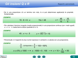 Gli insiemi Q e R
ESEMPIO
ESEMPIO
ESEMPIO
15
Rapporti e percentuale
• Se in una proporzione c’è un termine non noto, lo si può determinare applicando la proprietà
fondamentale.
15 : 8 = 6 : x 15x = 48 x =
48
15
=
16
5
• Per calcolare il termine incognito (medio proporzionale) in una proporzione continua (con i medi uguali)
a : x = x : b basta fare la radice quadrata di a  b.
• Percentuale: è il rapporto tra due numeri espresso in centesimi; si calcola con una proporzione.
x è il 5% di 1000 x : 1000 = 5 : 100 x = 10 
5
100
= 50
45 : x = x : 5 x = √45  5 = 15
3
5
corrisponde a
3
5
 100 = 60%
 