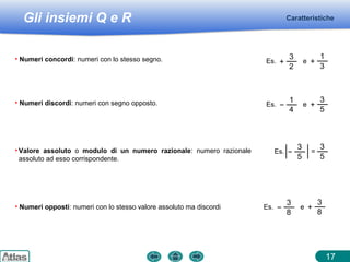 Gli insiemi Q e R Caratteristiche
17
• Numeri concordi: numeri con lo stesso segno. Es. e
3
2
+
1
3
+
• Numeri discordi: numeri con segno opposto. Es. e
1
4
−
3
5
+
• Valore assoluto o modulo di un numero razionale: numero razionale
assoluto ad esso corrispondente.
Es. =
3
5
−
3
5
• Numeri opposti: numeri con lo stesso valore assoluto ma discordi Es. e
3
8
−
3
8
+
 